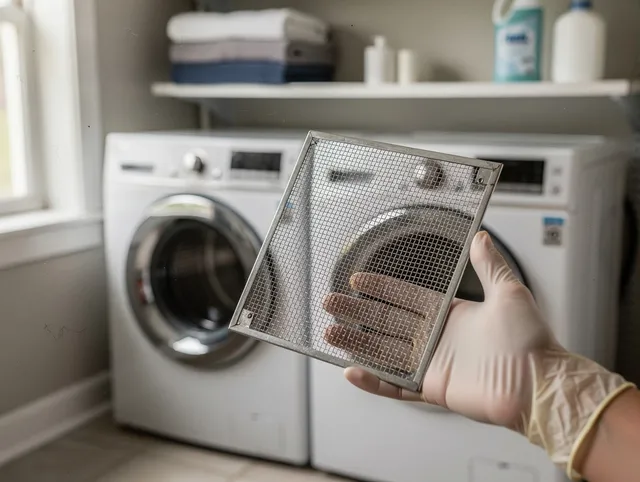 Reynoldsburg Dryer Vent Cleaning specialist performing detailed lint trap cleaning service in Reynoldsburg