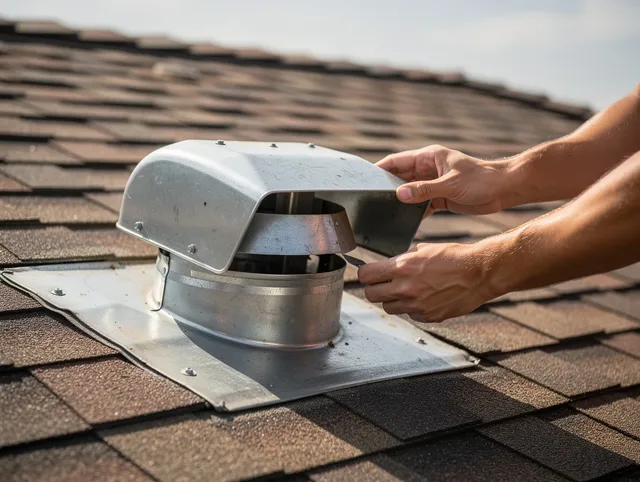 Reynoldsburg Dryer Vent Cleaning certified technician safely cleaning a roof-mounted dryer vent in Reynoldsburg