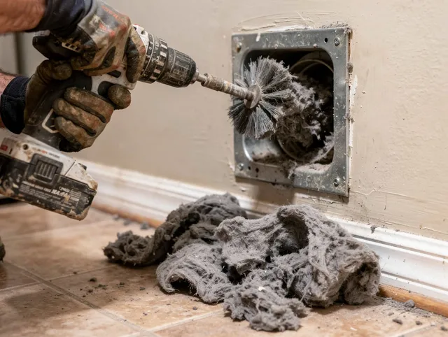 Certified Reynoldsburg Dryer Vent Cleaning technician performing dryer vent cleaning in Reynoldsburg