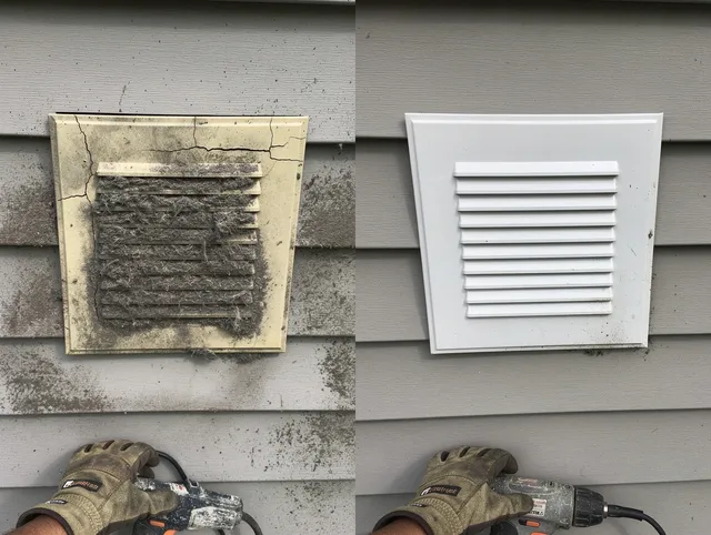 Reynoldsburg Dryer Vent Cleaning technician installing high-quality dryer vent cover at a residential property in Reynoldsburg