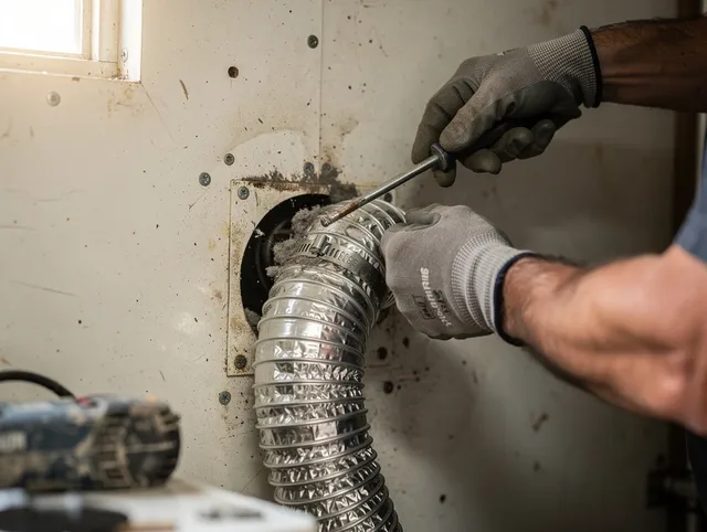 Reynoldsburg Dryer Vent Cleaning technician performing precise dryer vent hose installation in Reynoldsburg